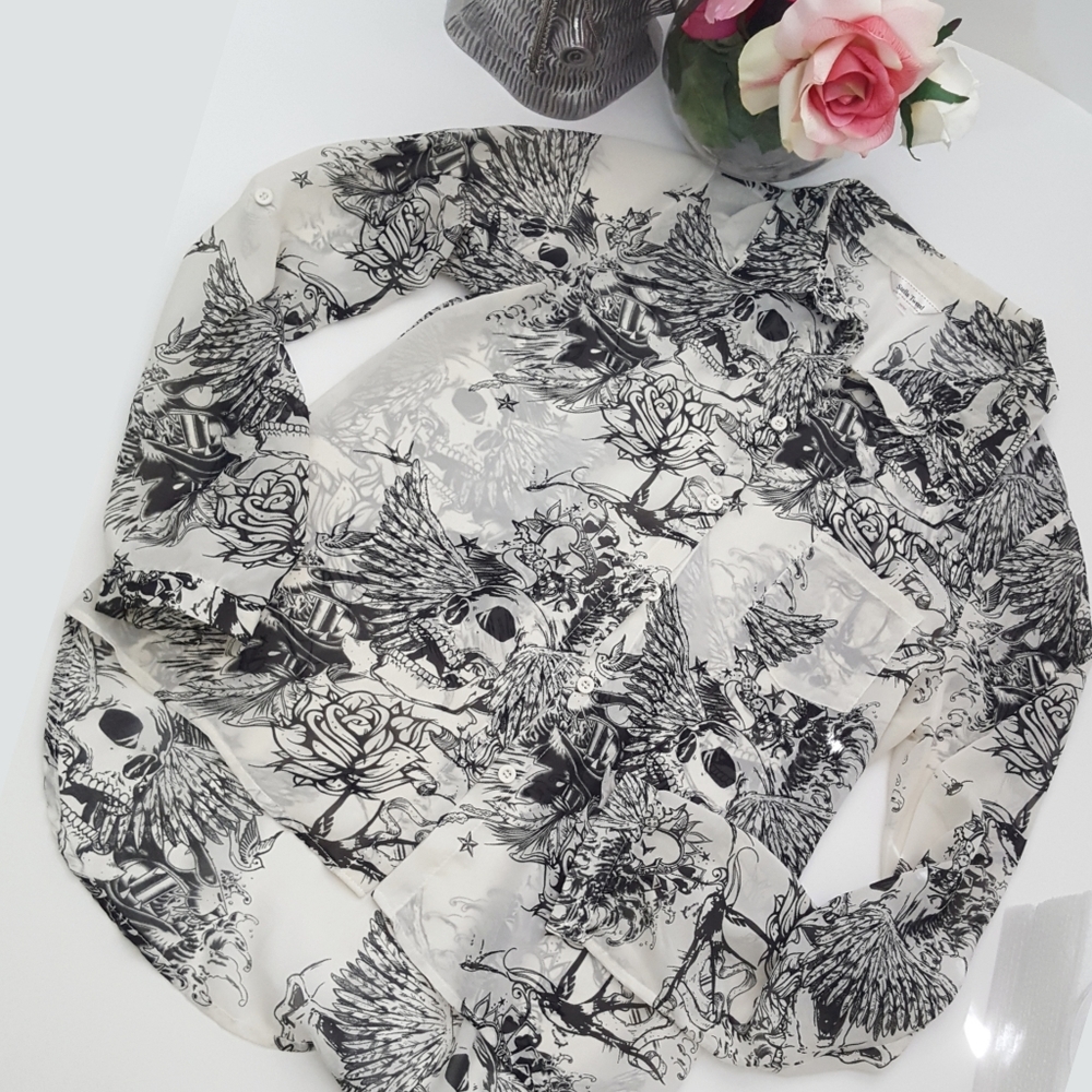 Stella Tweed White Blouse with Black Skull & Wing Print
